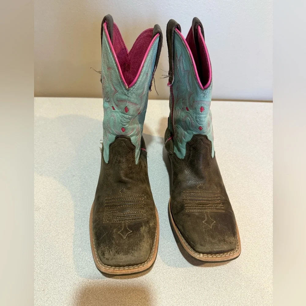 Ariat Kid's Tombstone Western Boot Square Toe Size 3.5 Brown‎ / Blue 10031516